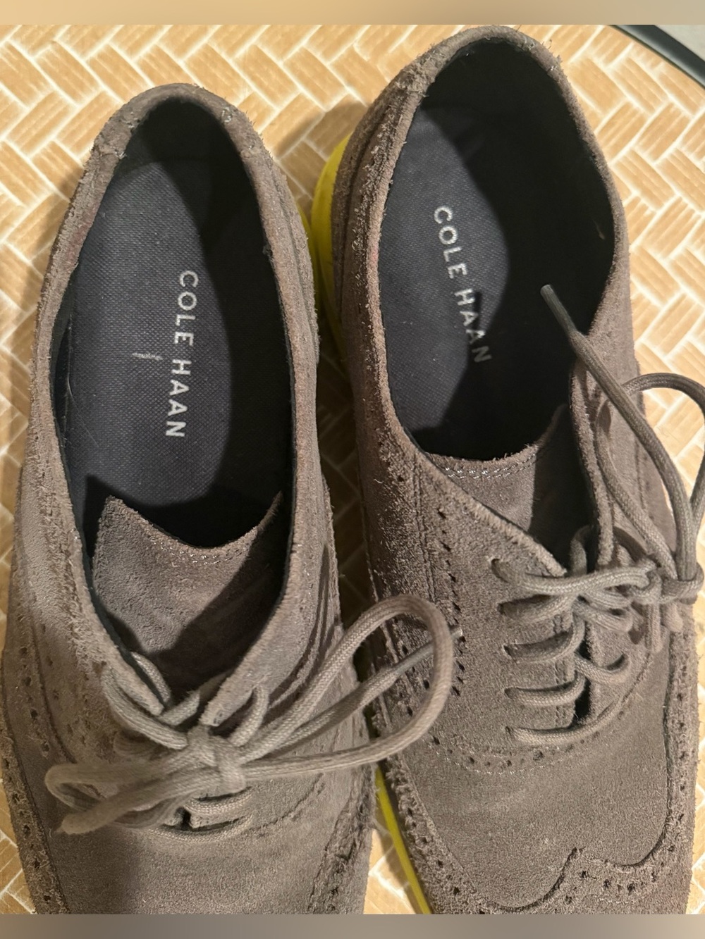 Cole Haan Gray Suede Wingtip Oxford Shoes with Yellow Soles - Men's Size 9 - Picture 7 of 9